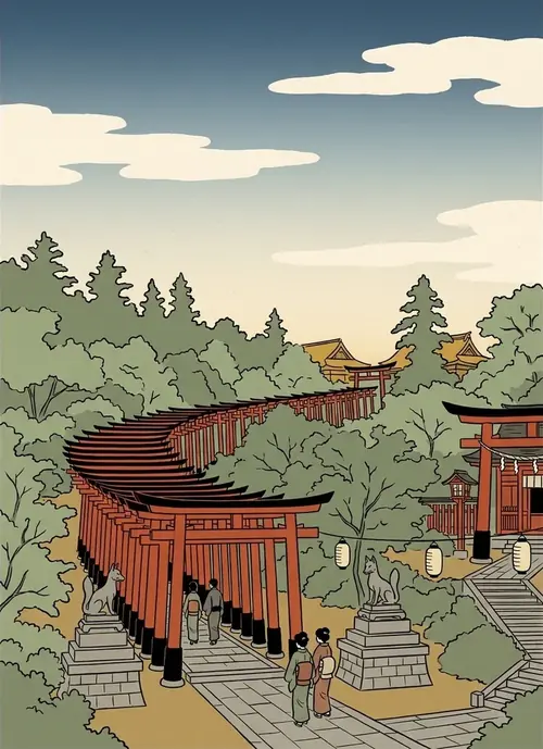Ukiyo-e illustration of the vermilion torii gates at Fushimi Inari Taisha