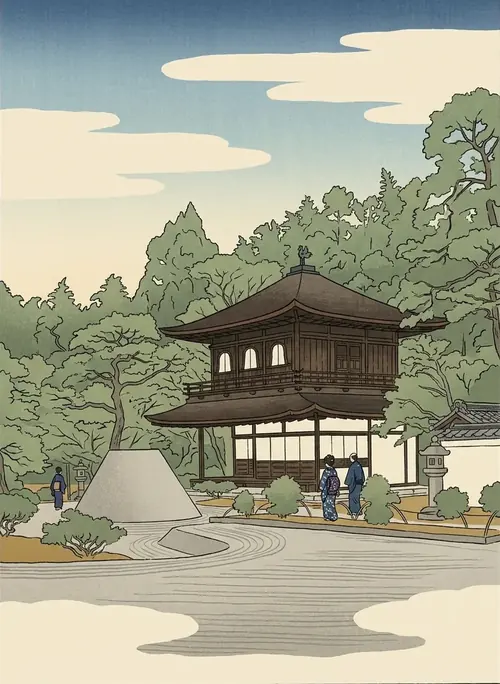 Ukiyo-e illustration of the Silver Pavilion at Ginkaku-ji