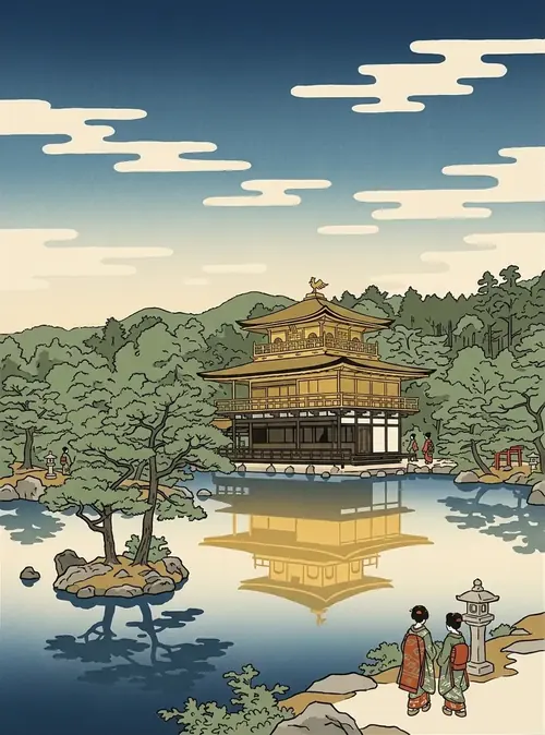 Ukiyo-e illustration of the Golden Pavilion at Kinkaku-ji