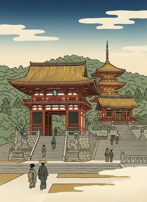 Ukiyo-e illustration of the great gate at Kiyomizu-dera