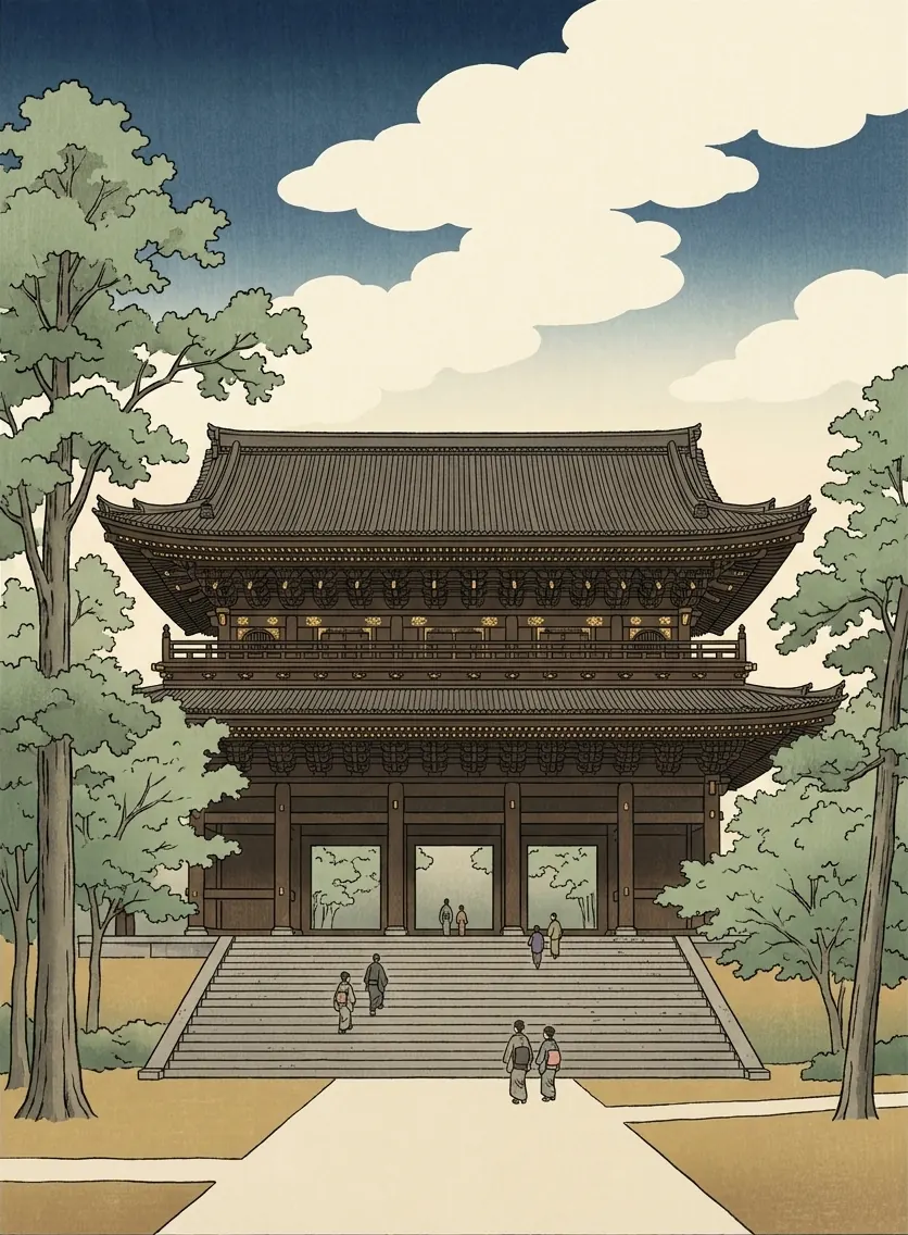 Chion-in, an ukiyo-e print of its two-storey Sanmon gate, with visitors on the wide steps below