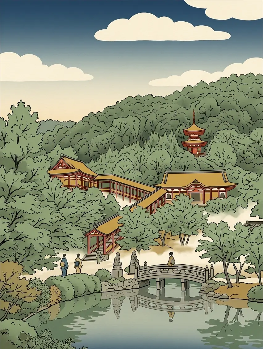 Ukiyo-e illustration of Eikan-dō: temple halls and covered walkways on a wooded hillside, a pagoda above, and a pond with a stone bridge in front