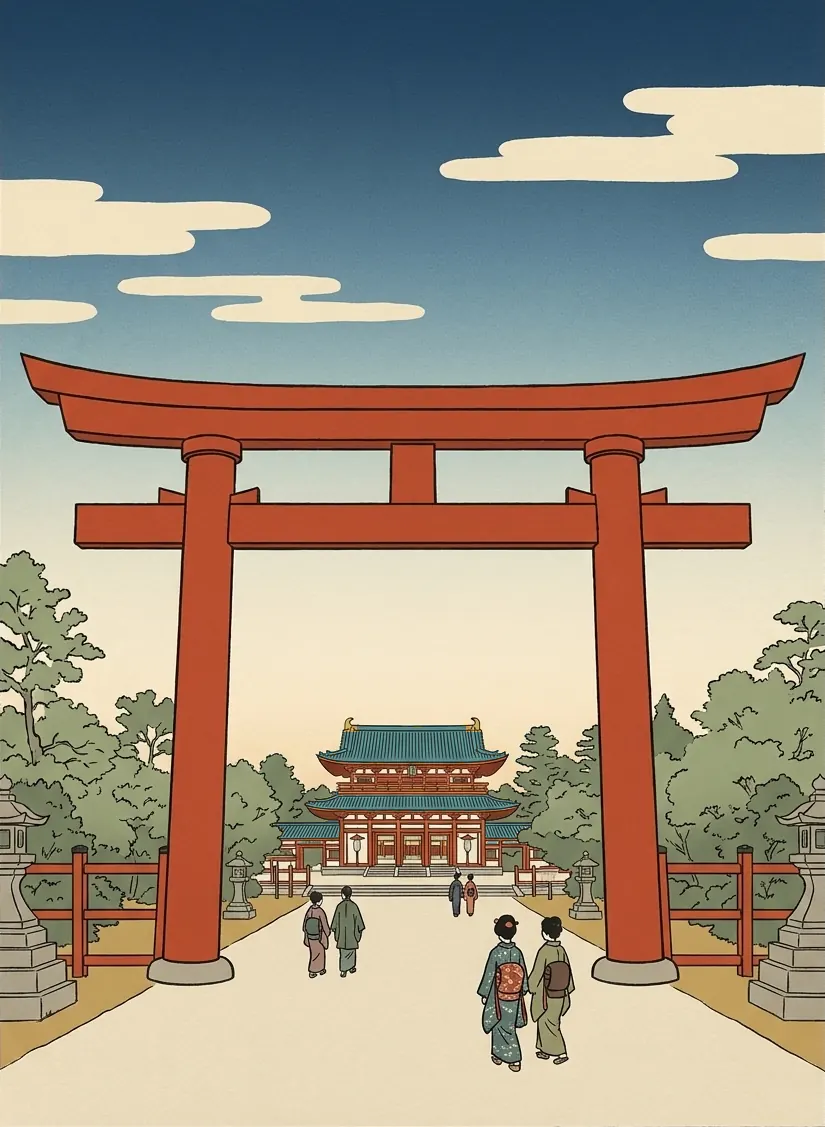 Heian-jingū, an ukiyo-e illustration of a vermilion torii on the approach, with the shrine's hall beyond it