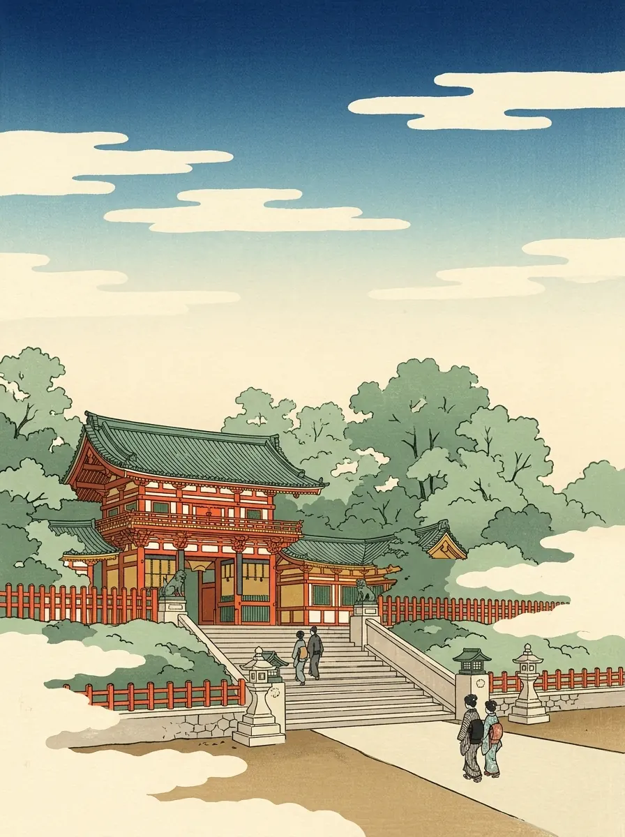 Ukiyo-e print of the two-storey West gate of Yasaka-jinja at the top of a wide flight of stone steps, with stone lanterns, a low fence, trees behind and visitors walking up