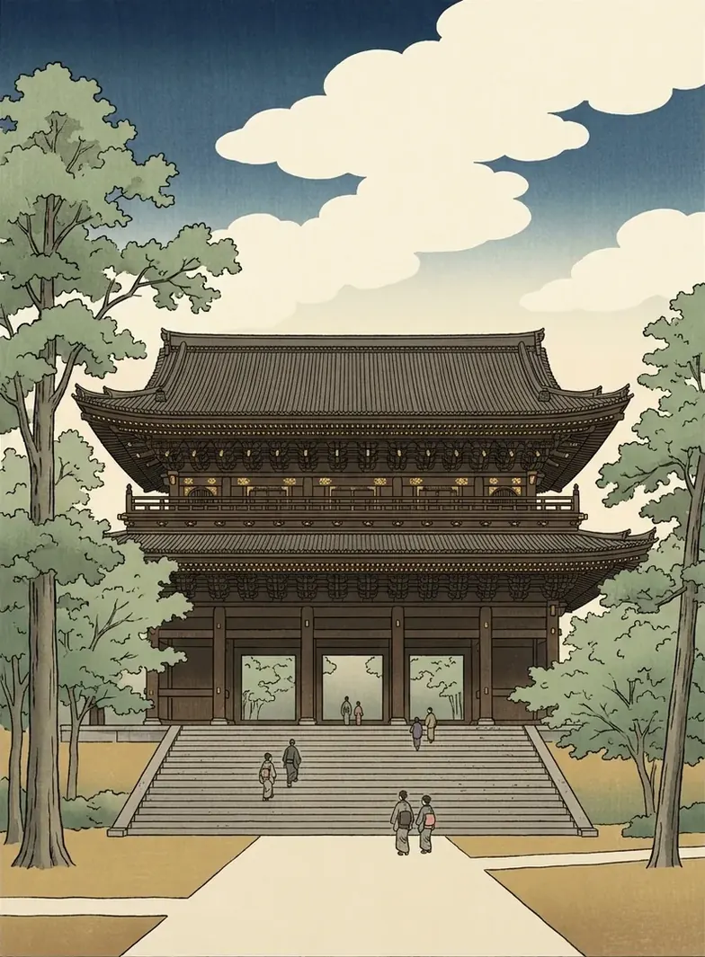 Ukiyo-e illustration of the huge two-storey gate of Chion-in at the top of a wide stone stair