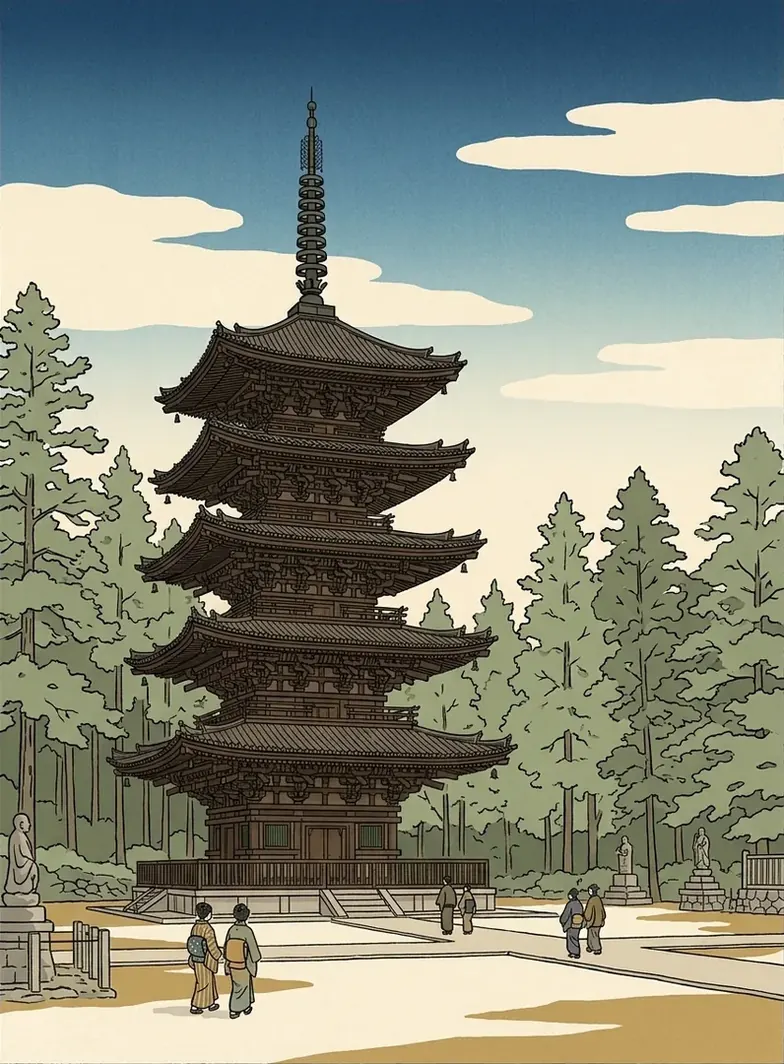 Ukiyo-e illustration of the five-storey wooden pagoda of Daigo-ji on open gravel among trees