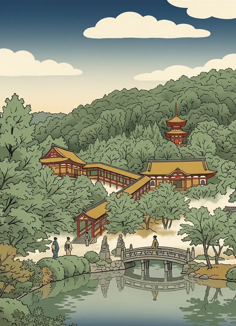 Ukiyo-e illustration of the halls and covered corridor of Eikan-dō climbing a wooded hillside above a pond