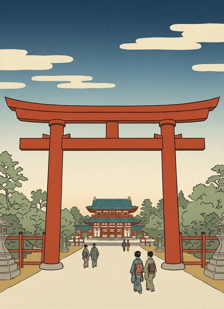 Ukiyo-e illustration of the giant vermilion torii of Heian-jingū framing the shrine halls