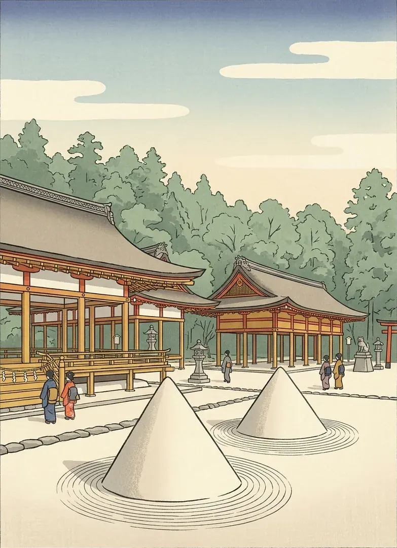 Ukiyo-e illustration of the two cones of sand in front of the halls of Kamigamo Jinja