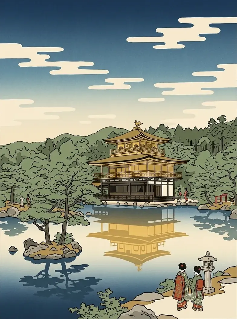 Ukiyo-e illustration of the Golden Pavilion of Kinkaku-ji reflected in its pond, among pines