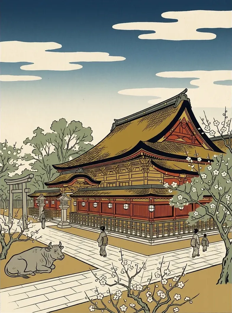 Ukiyo-e illustration of the main hall of Kitano Tenmangū, with a reclining stone ox and plum blossom