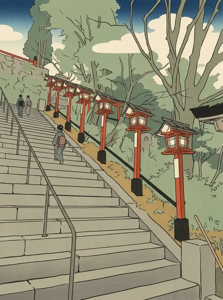 Ukiyo-e illustration of a long stone stair lined with red lanterns on the mountain at Kurama-dera