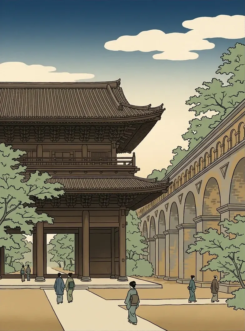 Ukiyo-e illustration of the great wooden gate of Nanzen-ji beside the brick arches of its aqueduct