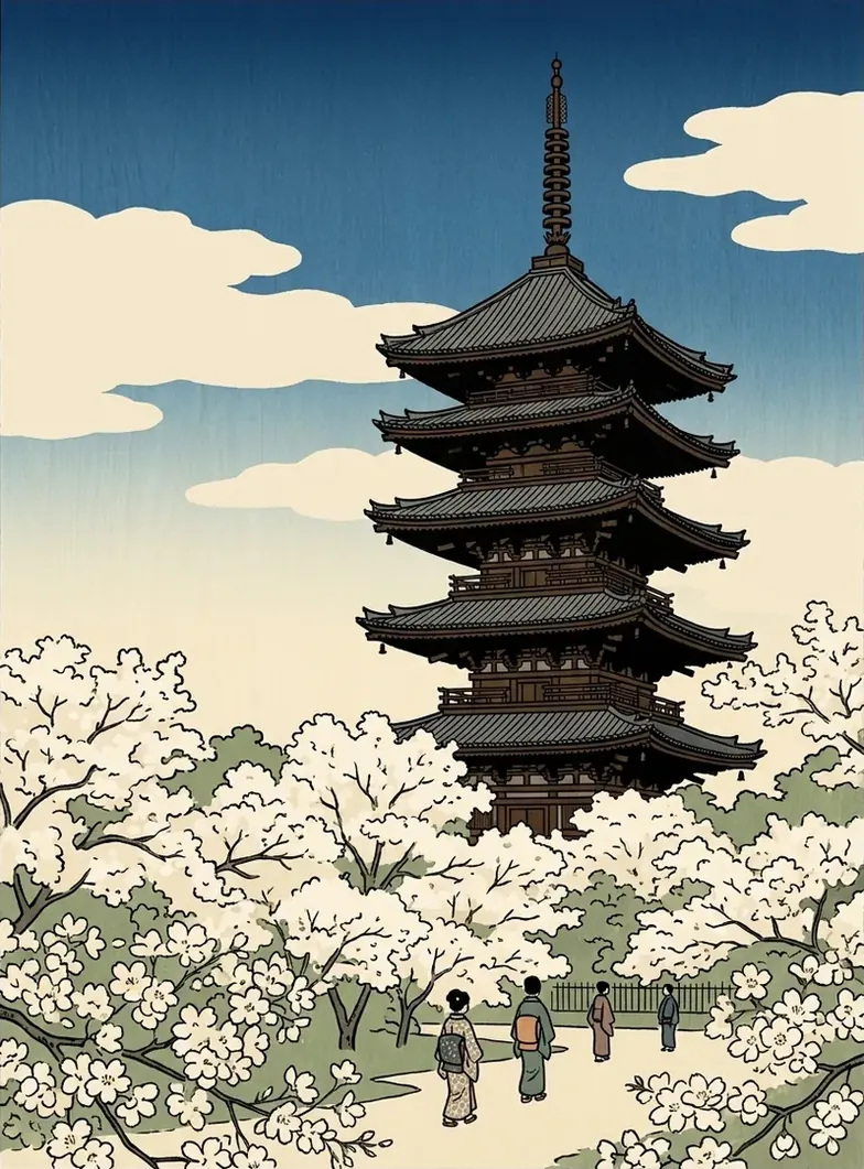 Ukiyo-e illustration of the five-storey pagoda of Ninna-ji above white cherry blossom
