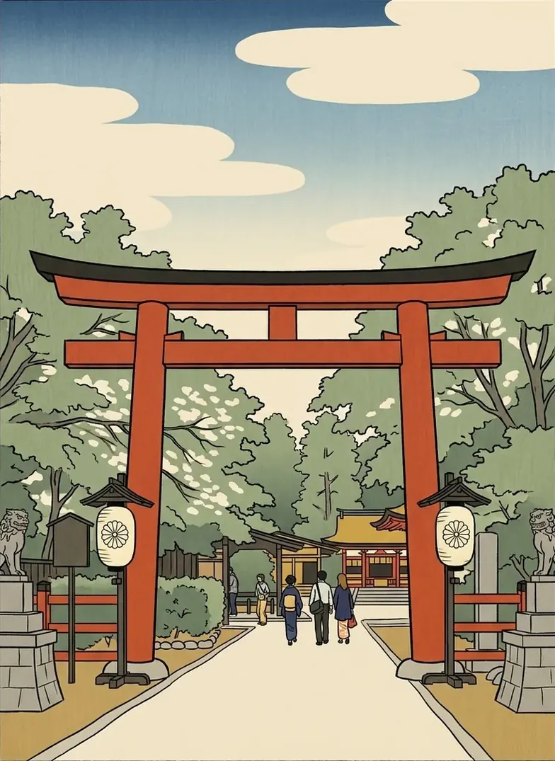 Ukiyo-e illustration of a vermilion torii hung with lanterns at the entrance to Shimogamo-jinja, in the forest
