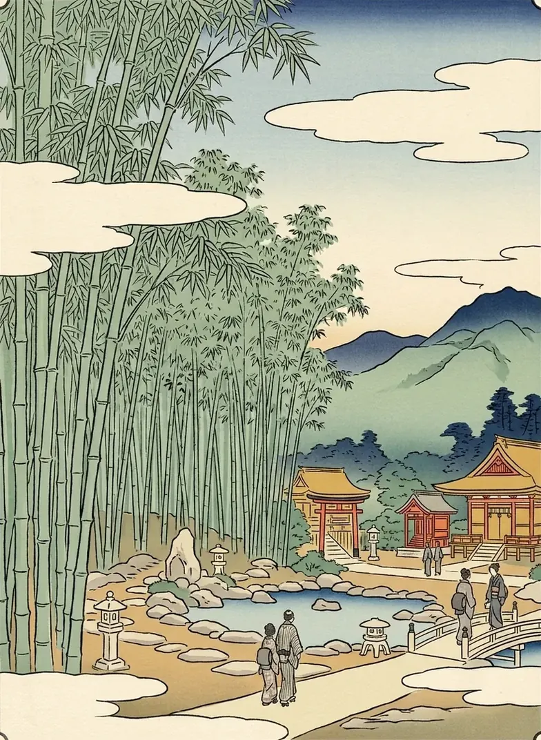 Ukiyo-e illustration of a bamboo grove beside the pond garden of Tenryū-ji, with the Arashiyama hills behind