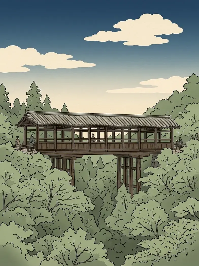 Ukiyo-e illustration of the roofed wooden bridge of Tōfuku-ji over a ravine of maples