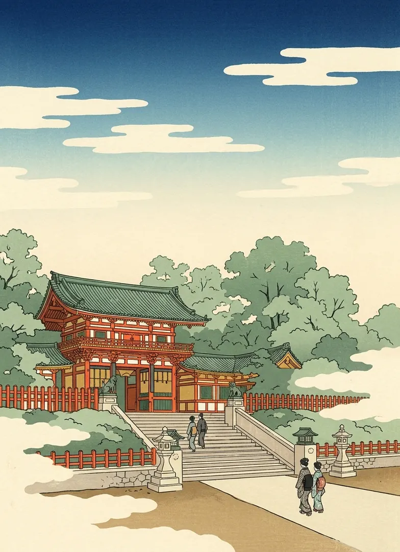 Ukiyo-e illustration of the vermilion gate of Yasaka-jinja at the top of its stone steps