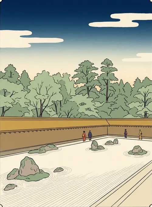 Ukiyo-e illustration of the rock garden at Ryōan-ji