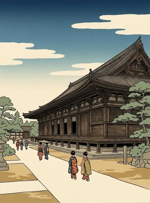 Ukiyo-e illustration of the hall of a thousand statues at Sanjūsangen-dō